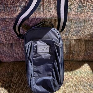 Navy Blue lunchbag crossbody with water bottle holder on the front